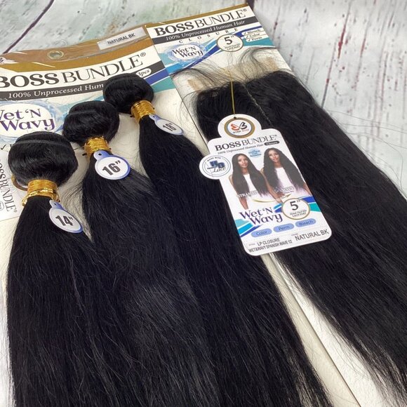 Wet N Wavy 14” 16” 18” Spanish Wave Boss Bundles w/ Closure Natural Black Human - Picture 2 of 6